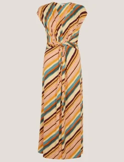 Jersey Striped V-Neck Midi Waisted Dress