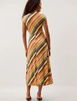 Jersey Striped V-Neck Midi Waisted Dress