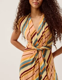 Jersey Striped V-Neck Midi Waisted Dress