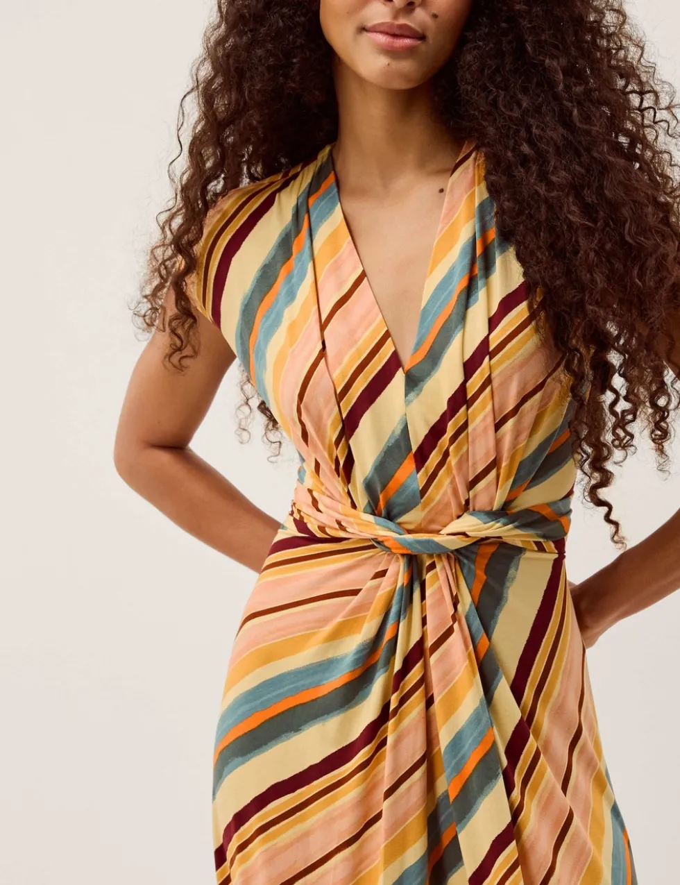Jersey Striped V-Neck Midi Waisted Dress