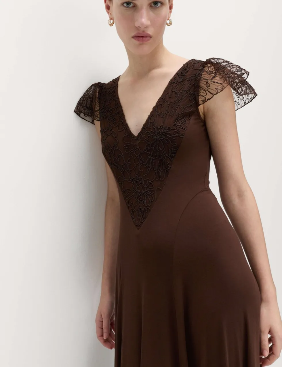 Jersey V-Neck Lace Panel Midaxi Column Dress