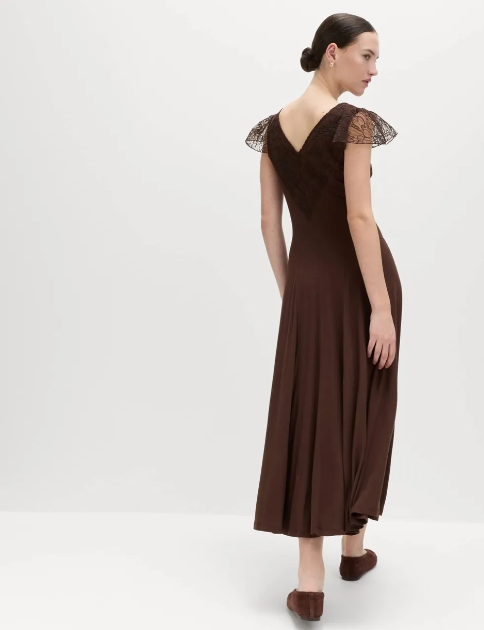 Jersey V-Neck Lace Panel Midaxi Column Dress