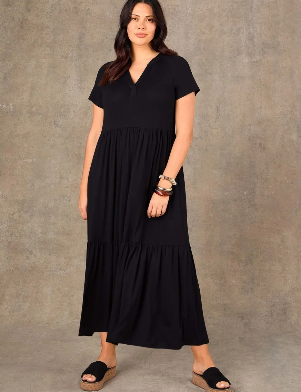 Jersey V-Neck Maxi Tiered Dress