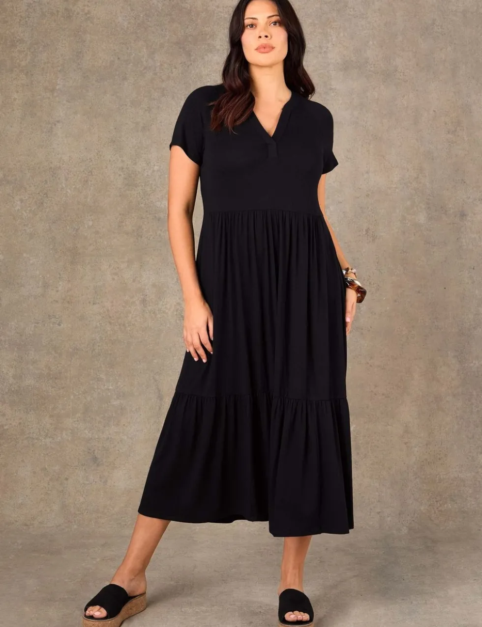 Jersey V-Neck Maxi Tiered Dress