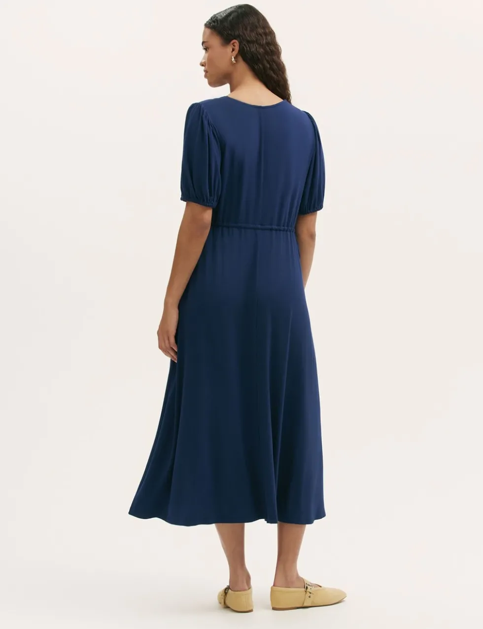 Jersey V-Neck Midi Waisted Dress