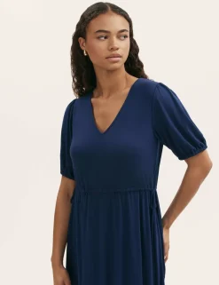 Jersey V-Neck Midi Waisted Dress