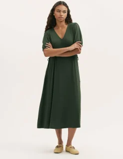 Jersey V-Neck Midi Waisted Dress