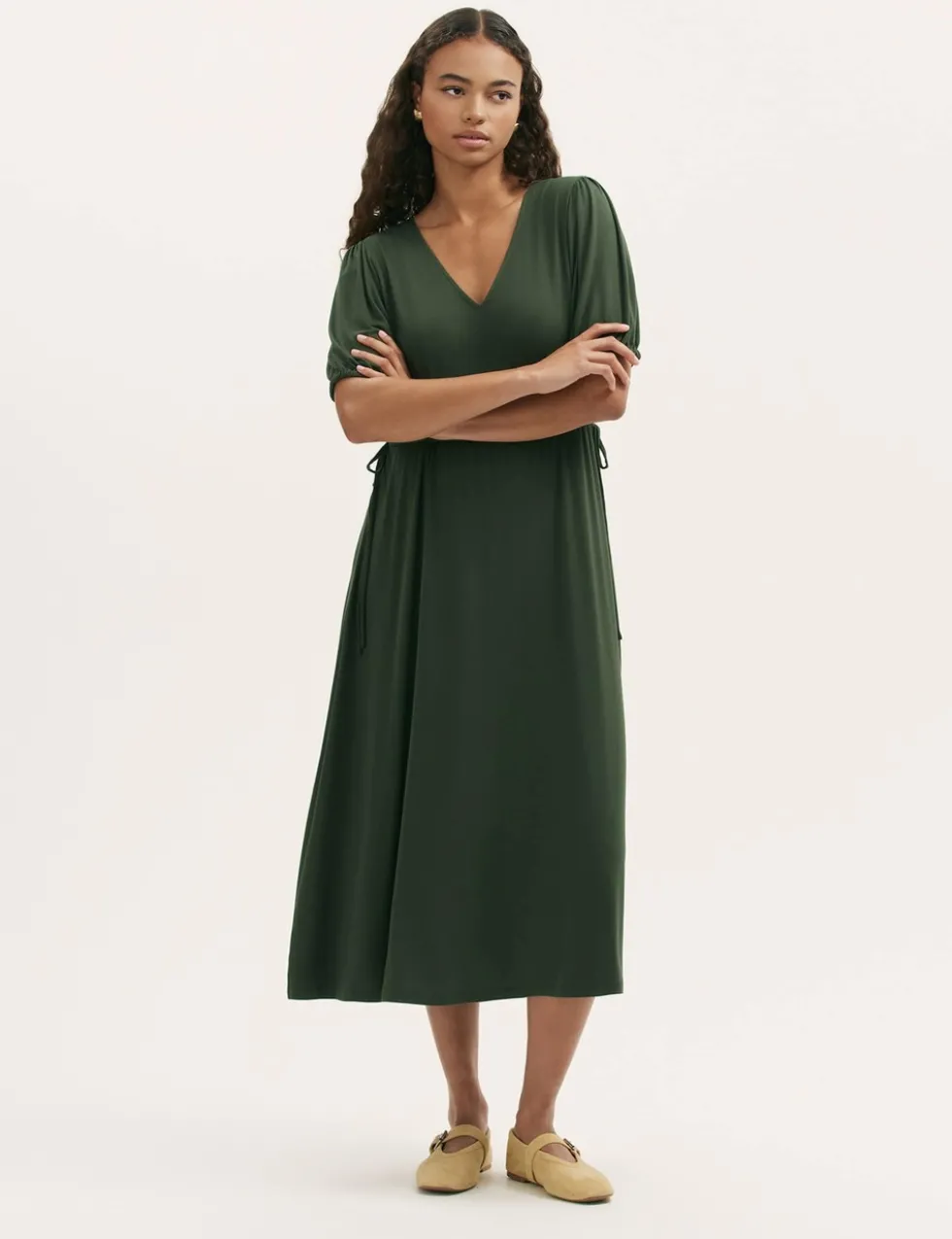 Jersey V-Neck Midi Waisted Dress