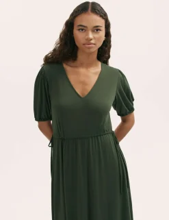 Jersey V-Neck Midi Waisted Dress
