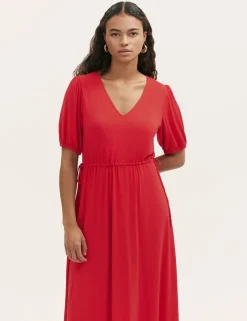 Jersey V-Neck Midi Waisted Dress