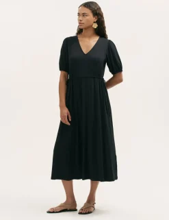 Jersey V-Neck Midi Waisted Dress