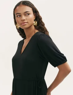 Jersey V-Neck Midi Waisted Dress