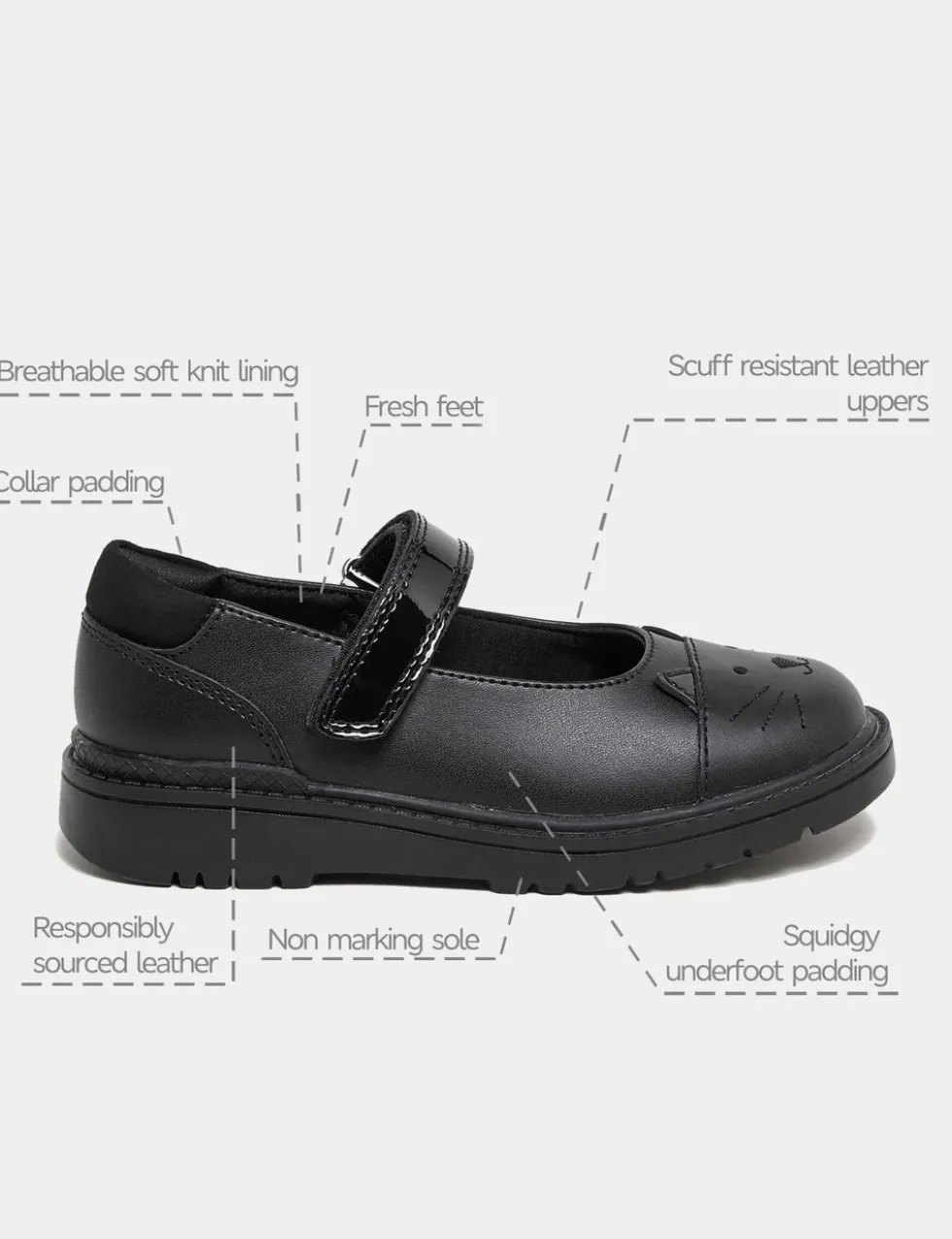 Kids' Leather Mary Jane Cat School Shoes (8 Small - 2 Large)