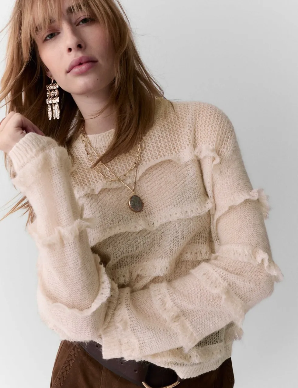 Knitted Crew Neck Ruffle Jumper with Mohair