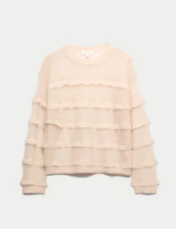 Knitted Crew Neck Ruffle Jumper with Mohair