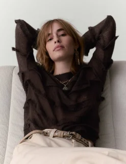 Knitted Crew Neck Ruffle Jumper with Mohair