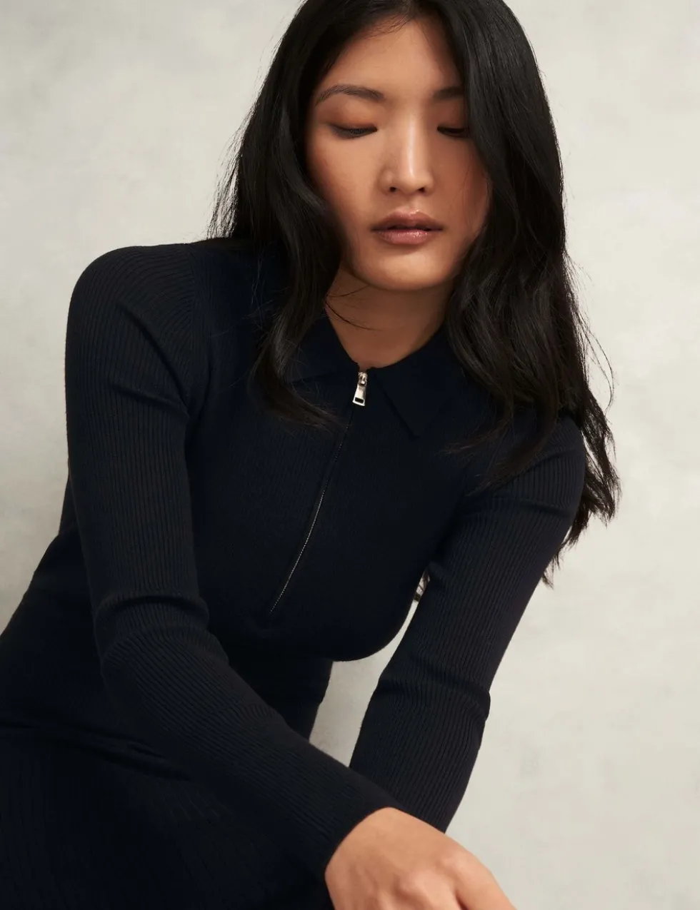 Knitted Zip Neck Midi Dress