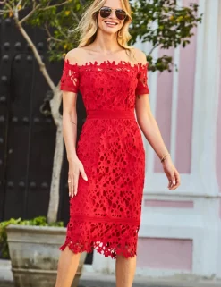 Lace Bardot Midi Column Dress