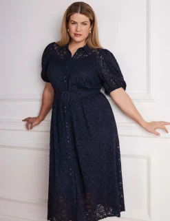 Lace Belted Puff Sleeve Midi Shirt Dress