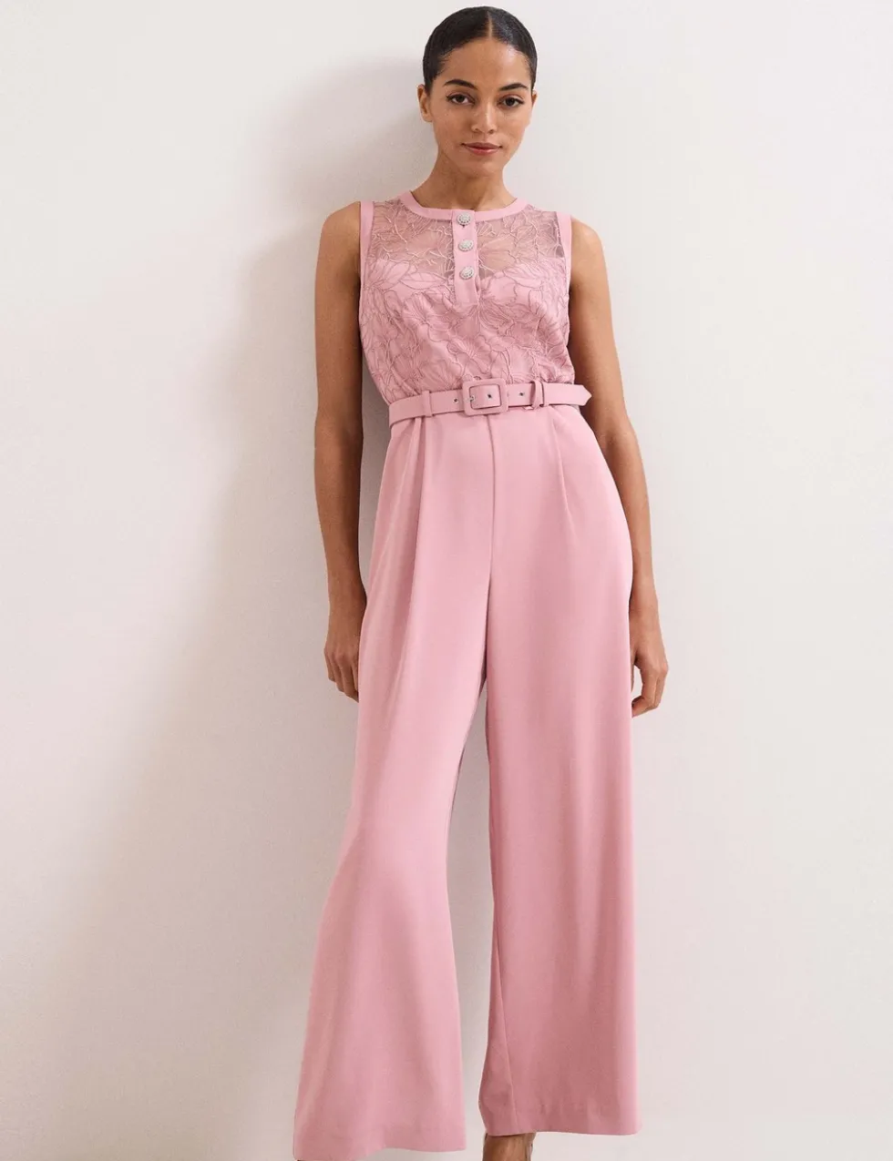 Lace Belted Wide Leg Jumpsuit