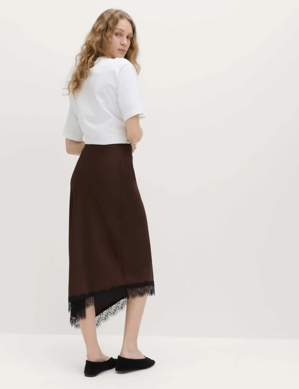Lace Detail Asymmetric Midi Slip Skirt