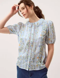 Lace Floral Collared Puff Sleeve Blouse