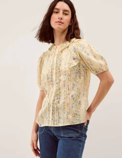 Lace Floral Collared Puff Sleeve Blouse