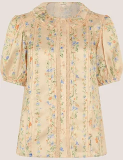 Lace Floral Collared Puff Sleeve Blouse