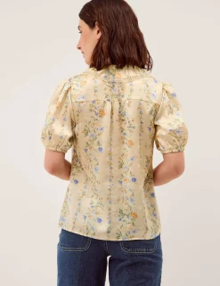 Lace Floral Collared Puff Sleeve Blouse