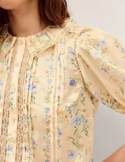 Lace Floral Collared Puff Sleeve Blouse