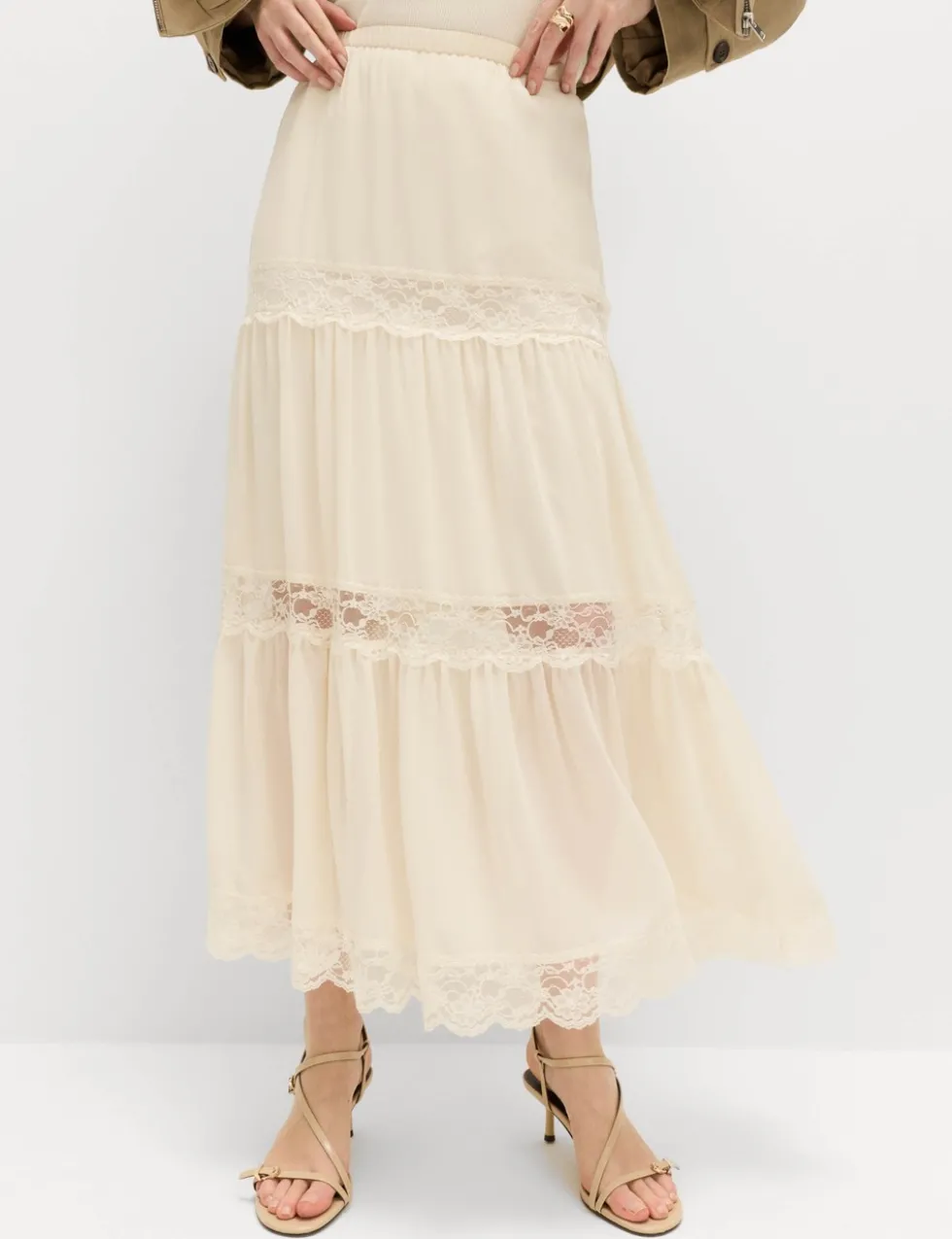 Lace Insert Midi Tiered Skirt