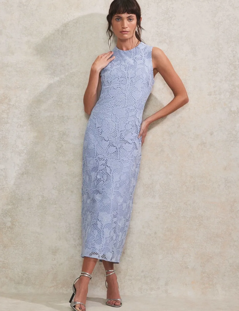 Lace Textured High Neck Midaxi Column Dress