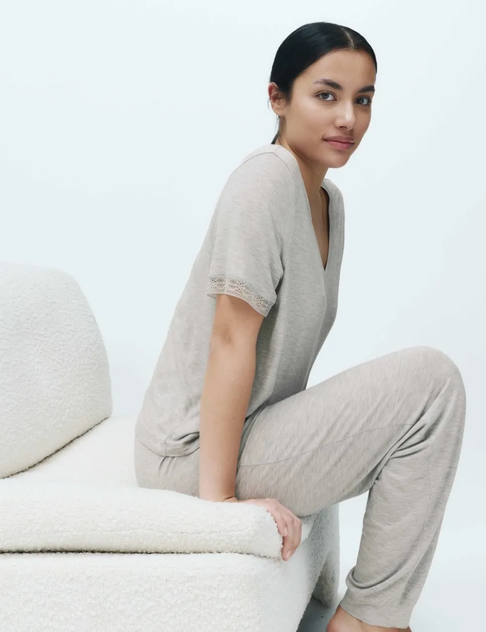 Lace Trim Cuffed Hem Pyjama Set