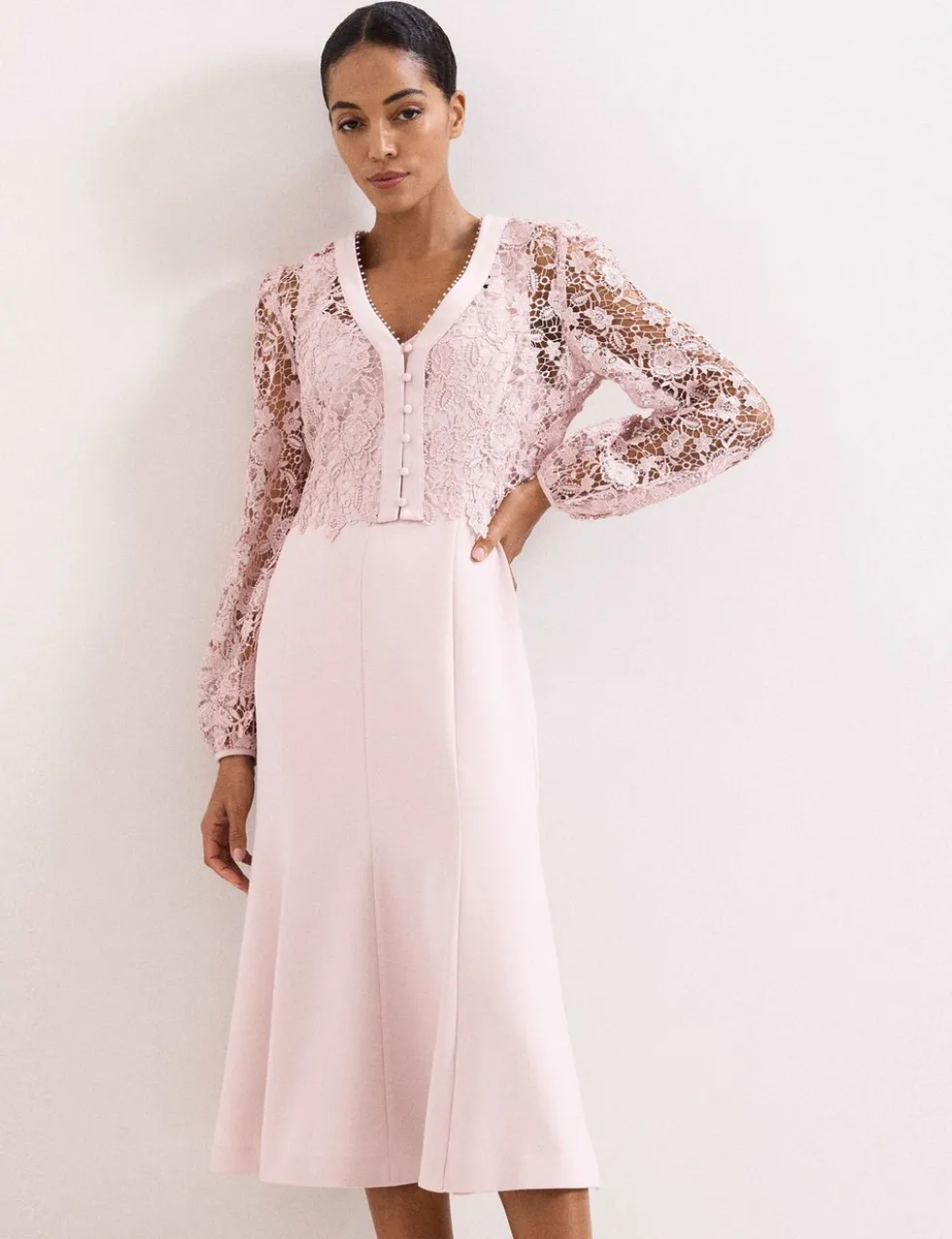 Lace V-Neck Button Detail Midi Tea Dress
