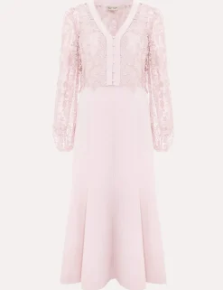 Lace V-Neck Button Detail Midi Tea Dress