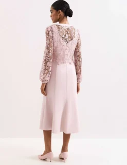 Lace V-Neck Button Detail Midi Tea Dress