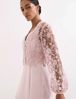 Lace V-Neck Button Detail Midi Tea Dress
