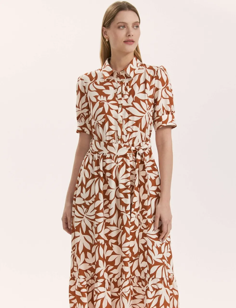 Leaf Print Midi Shirt Dress