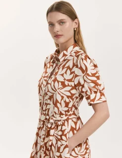 Leaf Print Midi Shirt Dress