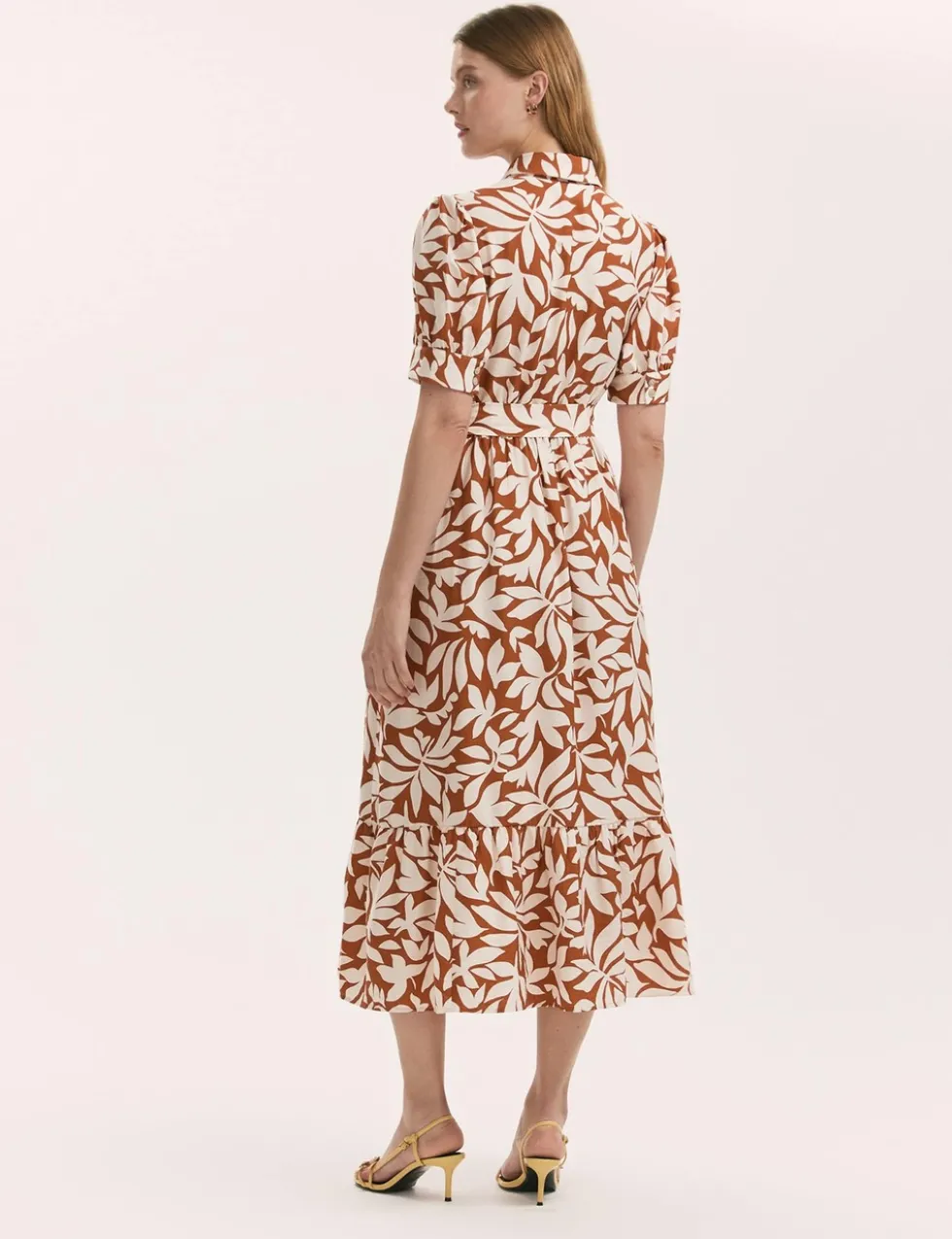 Leaf Print Midi Shirt Dress