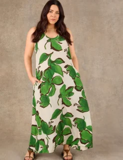 Leaf Print Scoop Neck Maxi Shift Dress