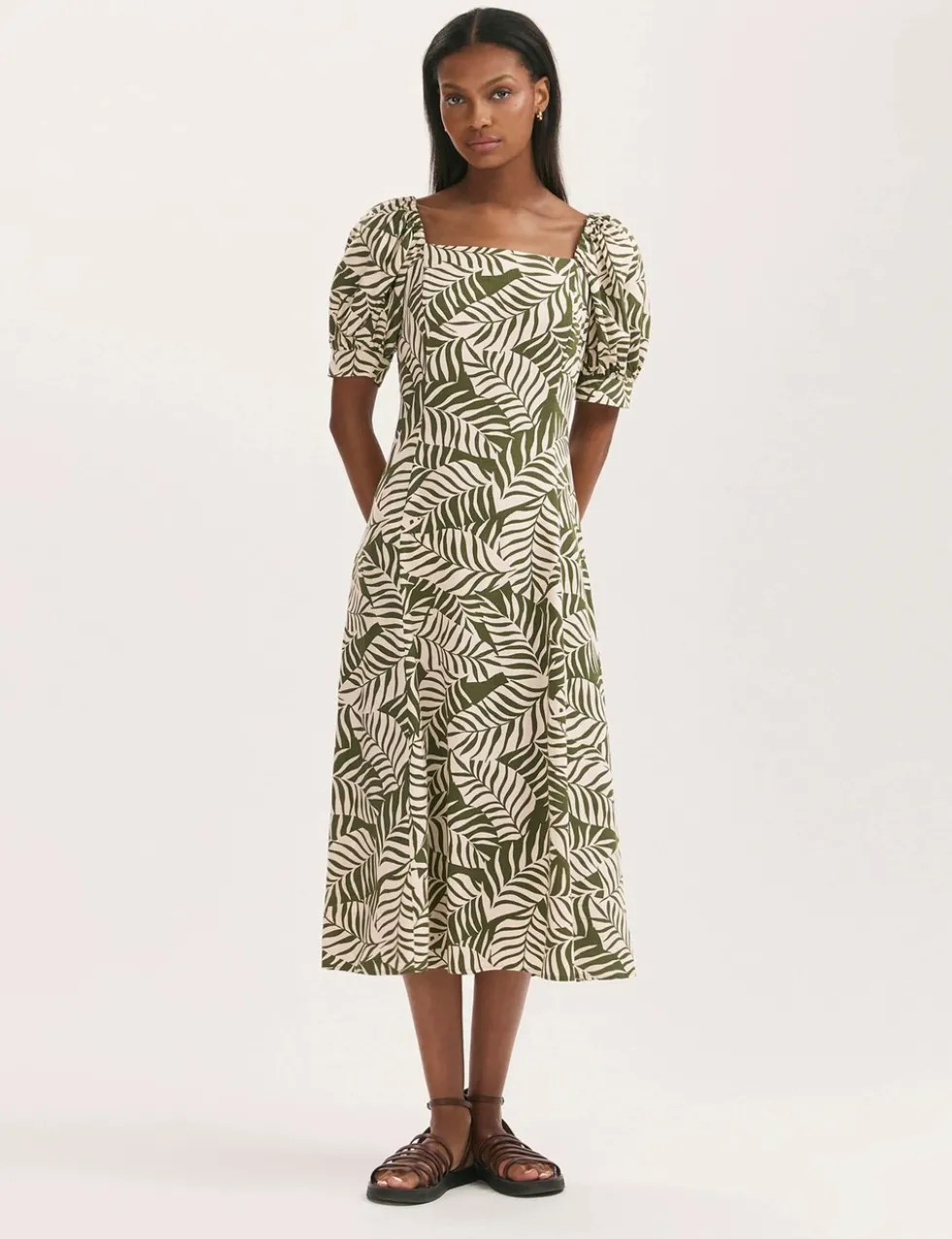 Leaf Print Square Neck Midi Tea Dress