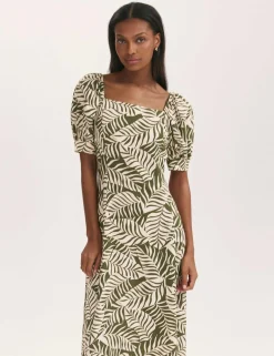 Leaf Print Square Neck Midi Tea Dress