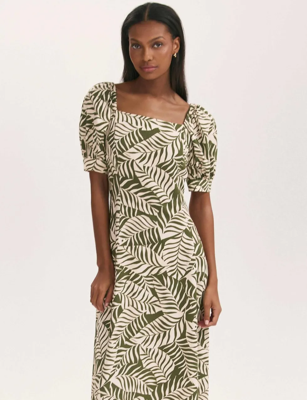 Leaf Print Square Neck Midi Tea Dress