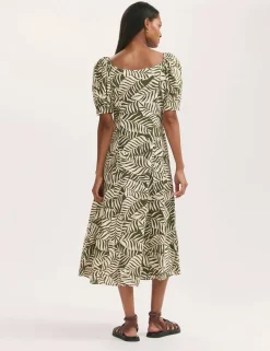 Leaf Print Square Neck Midi Tea Dress