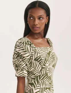 Leaf Print Square Neck Midi Tea Dress