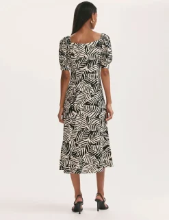 Leaf Print Square Neck Midi Tea Dress