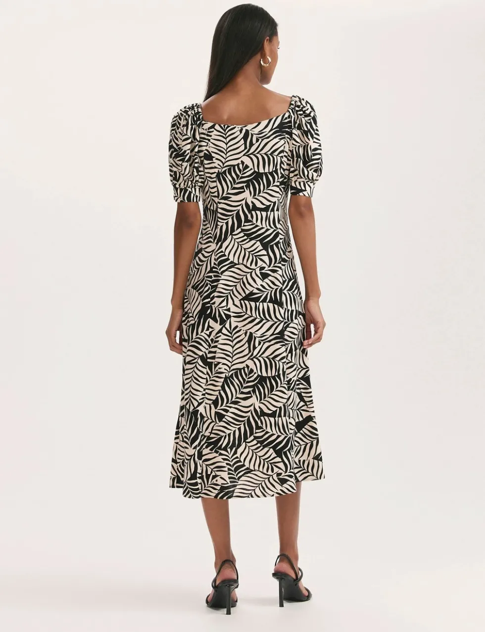 Leaf Print Square Neck Midi Tea Dress