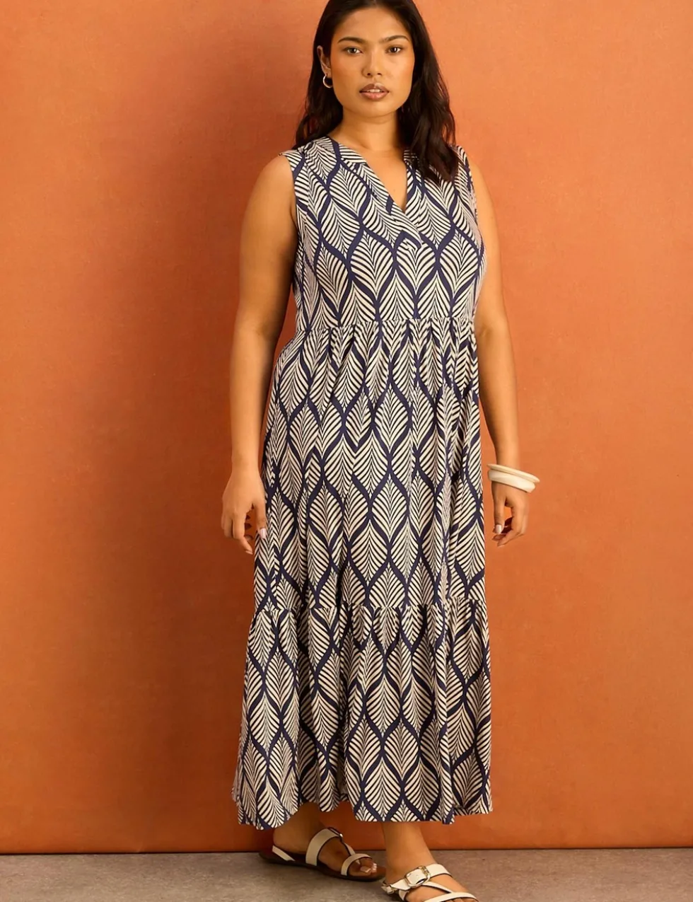 Leaf Print V-Neck Maxi Tiered Dress