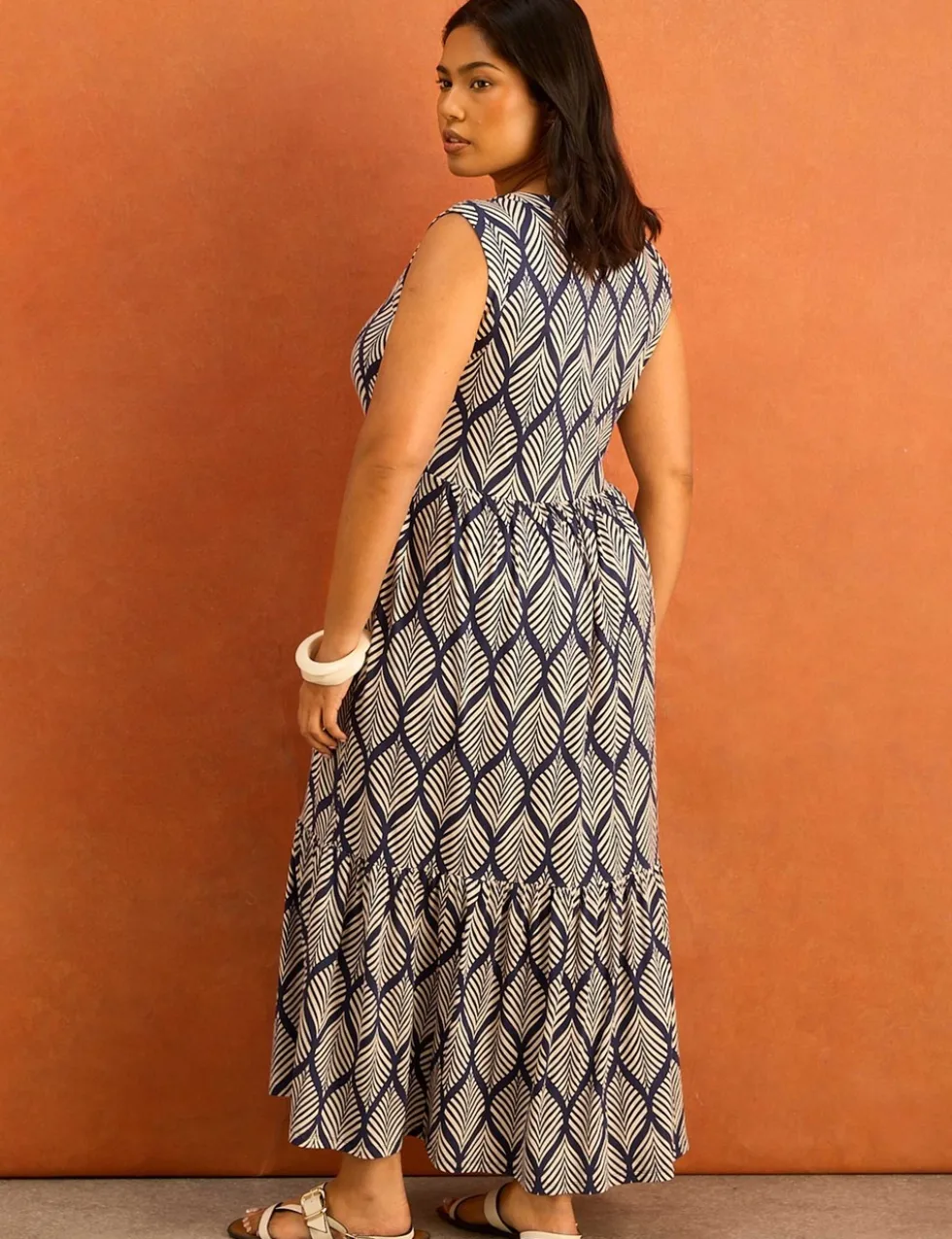 Leaf Print V-Neck Maxi Tiered Dress